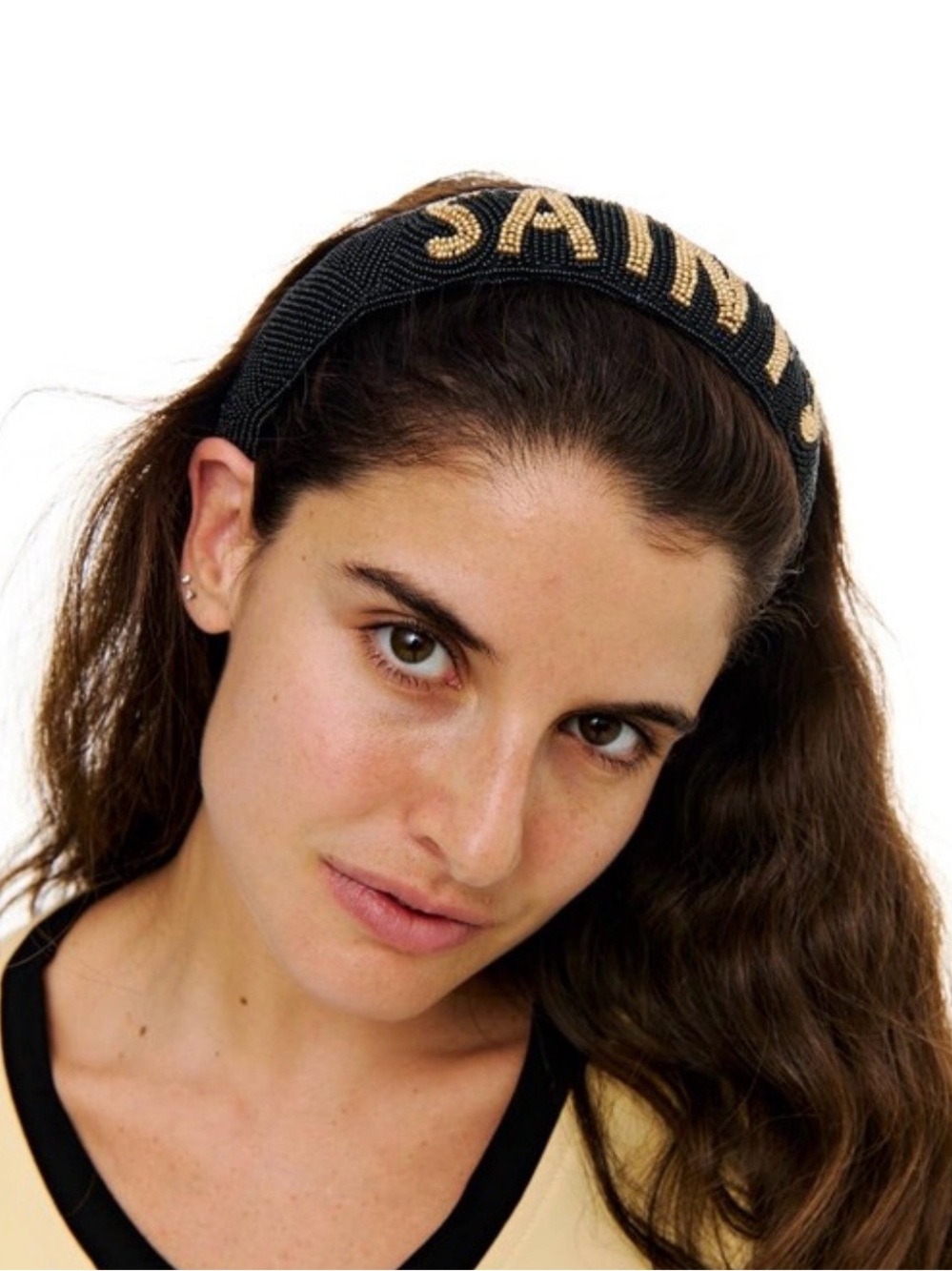 Embellished Black Beaded Headband with Gold Lettering